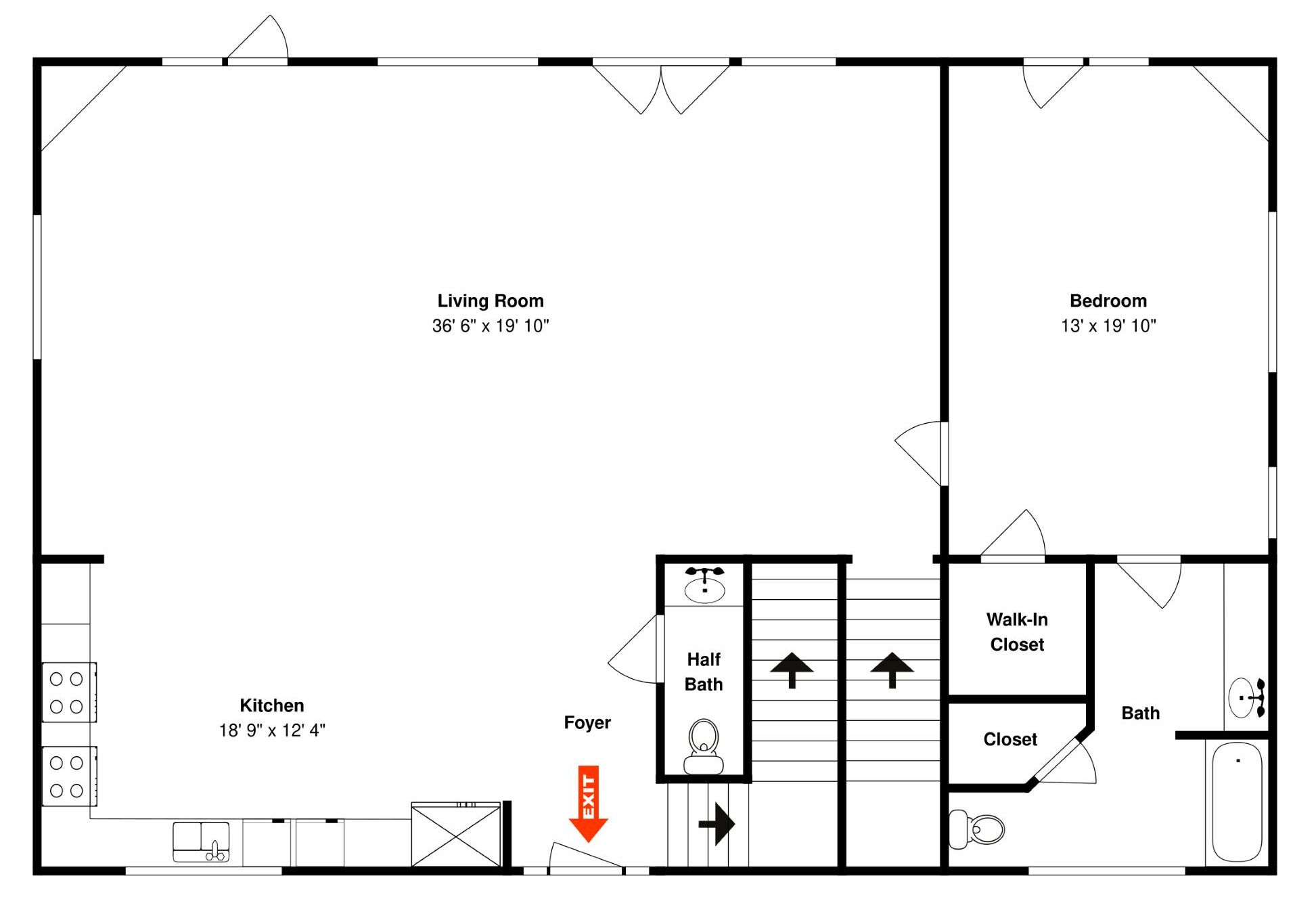 A floor plan of a hotel with a living room, bedroom, kitchen, foyer, half bath, walk-in closet, and bath.