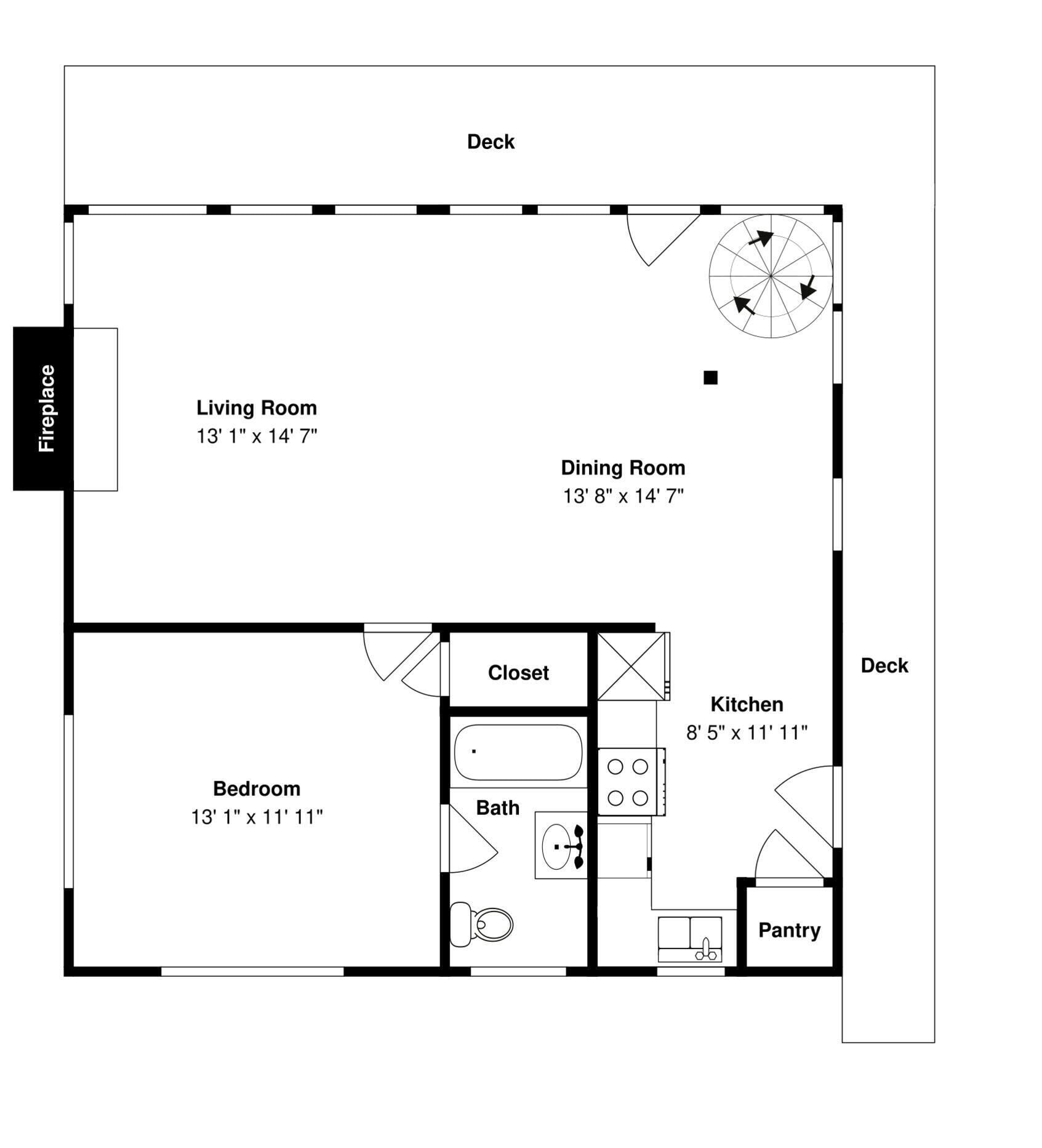Ein Grundriss mit Wohnzimmer, Esszimmer, Küche, Bad, Schlafzimmer und Abstellraum.