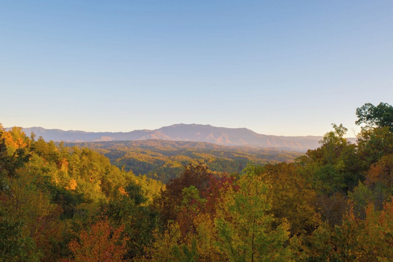A mountainous landscape with autumn foliage.