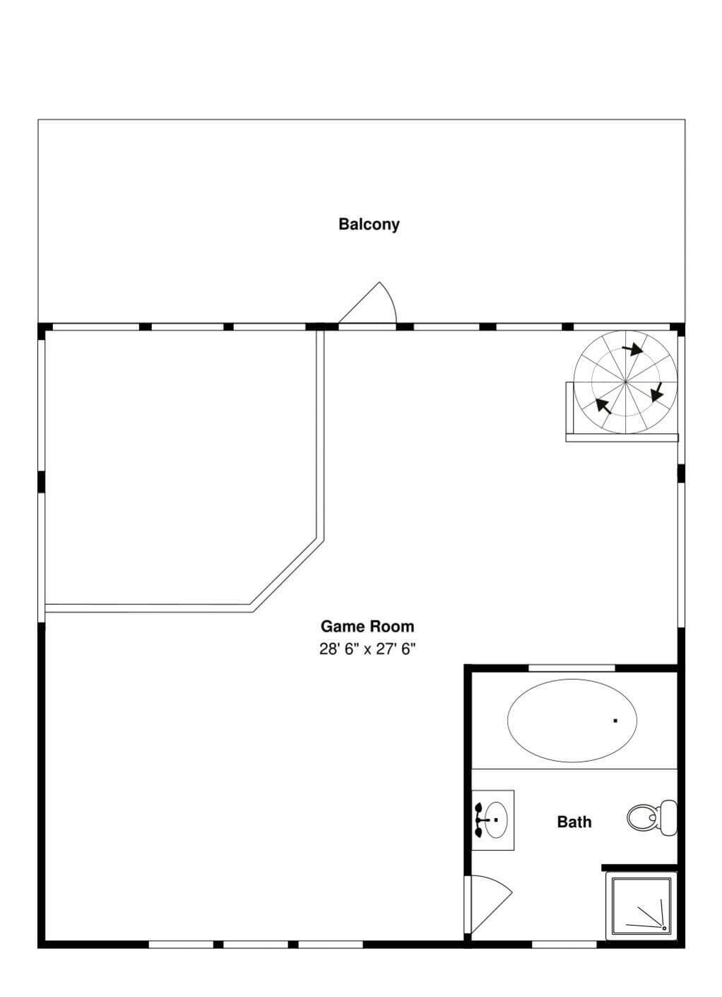 Pianta del piano con balcone, sala giochi e bagno.