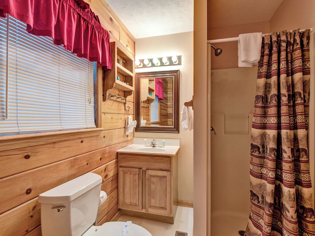 Un baño de estilo cabaña de madera con inodoro, lavabo y espejo.