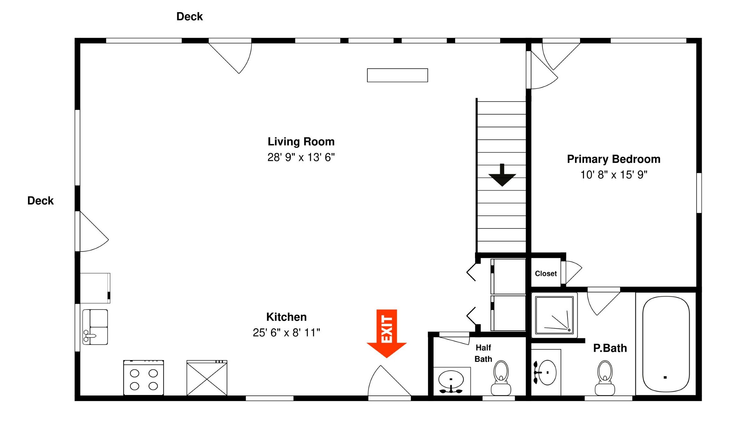 A floor plan with a living room, kitchen, half bath, primary bedroom, and a closet.