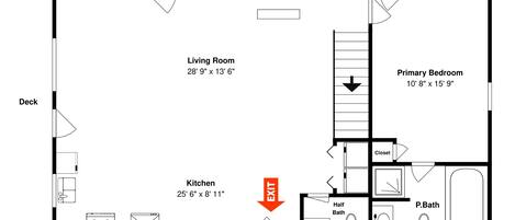 A floor plan with a living room, kitchen, half bath, primary bedroom, and a closet.
