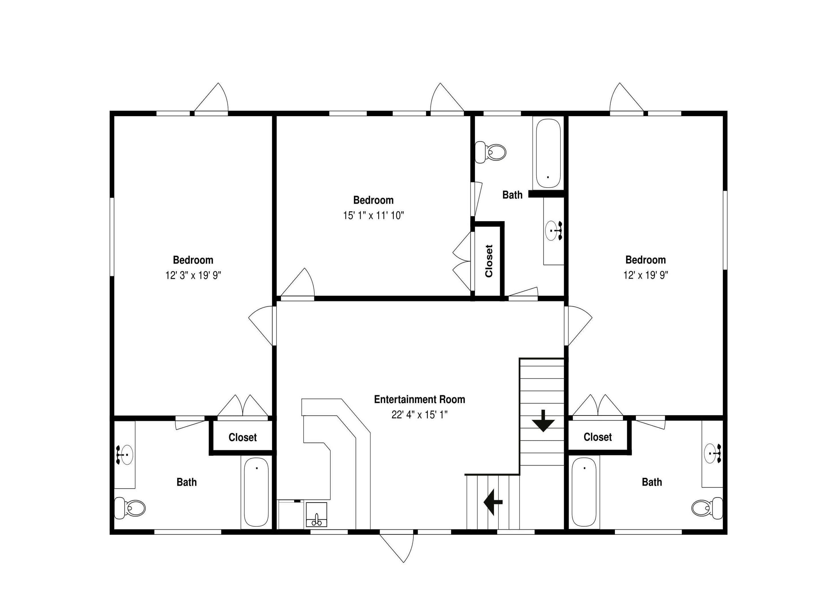 Un plan d’étage comprenant deux chambres, une salle de bain, un placard et une salle de divertissement.