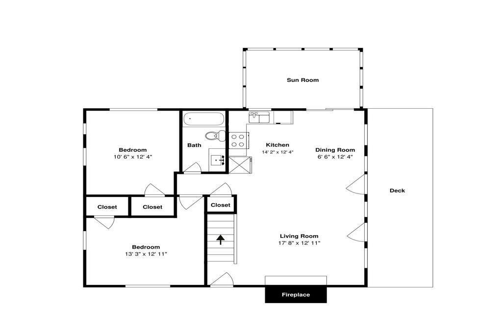 A floor plan of a house with two bedrooms, a kitchen, a dining room, a sun room, a living room, a bathroom, a fireplace, and a deck.