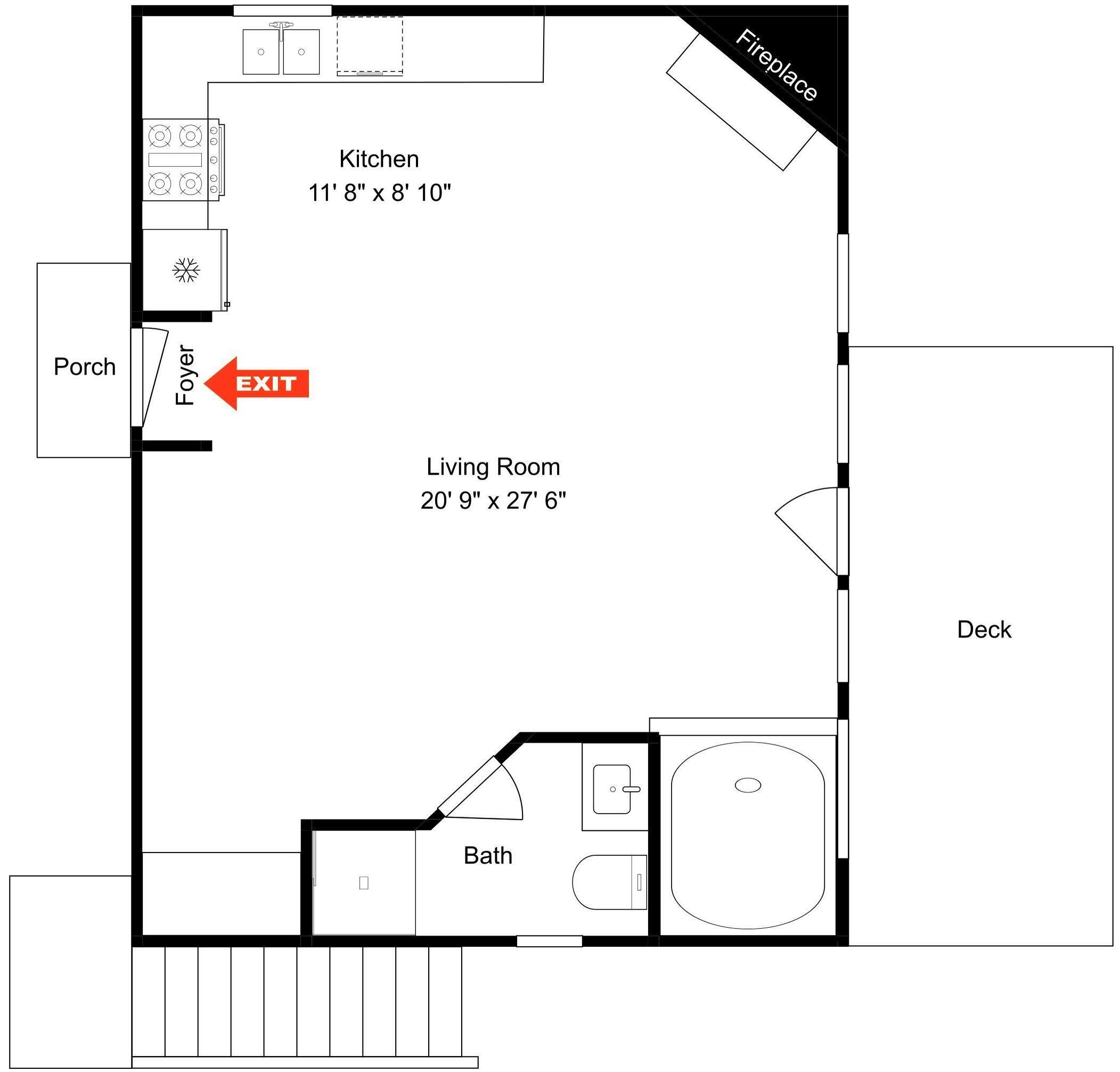 A floor plan with a kitchen, living room, fireplace, foyer, and exit.