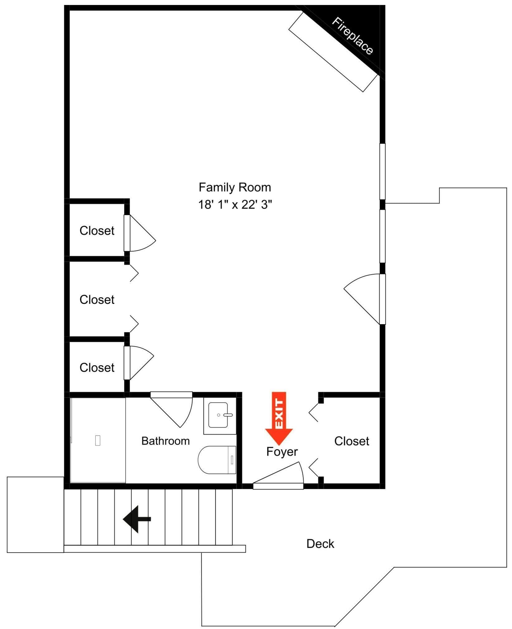 A floor plan with a family room measuring 18' 1' x 22' 3', three closets, a bathroom, a foyer, and an exit.