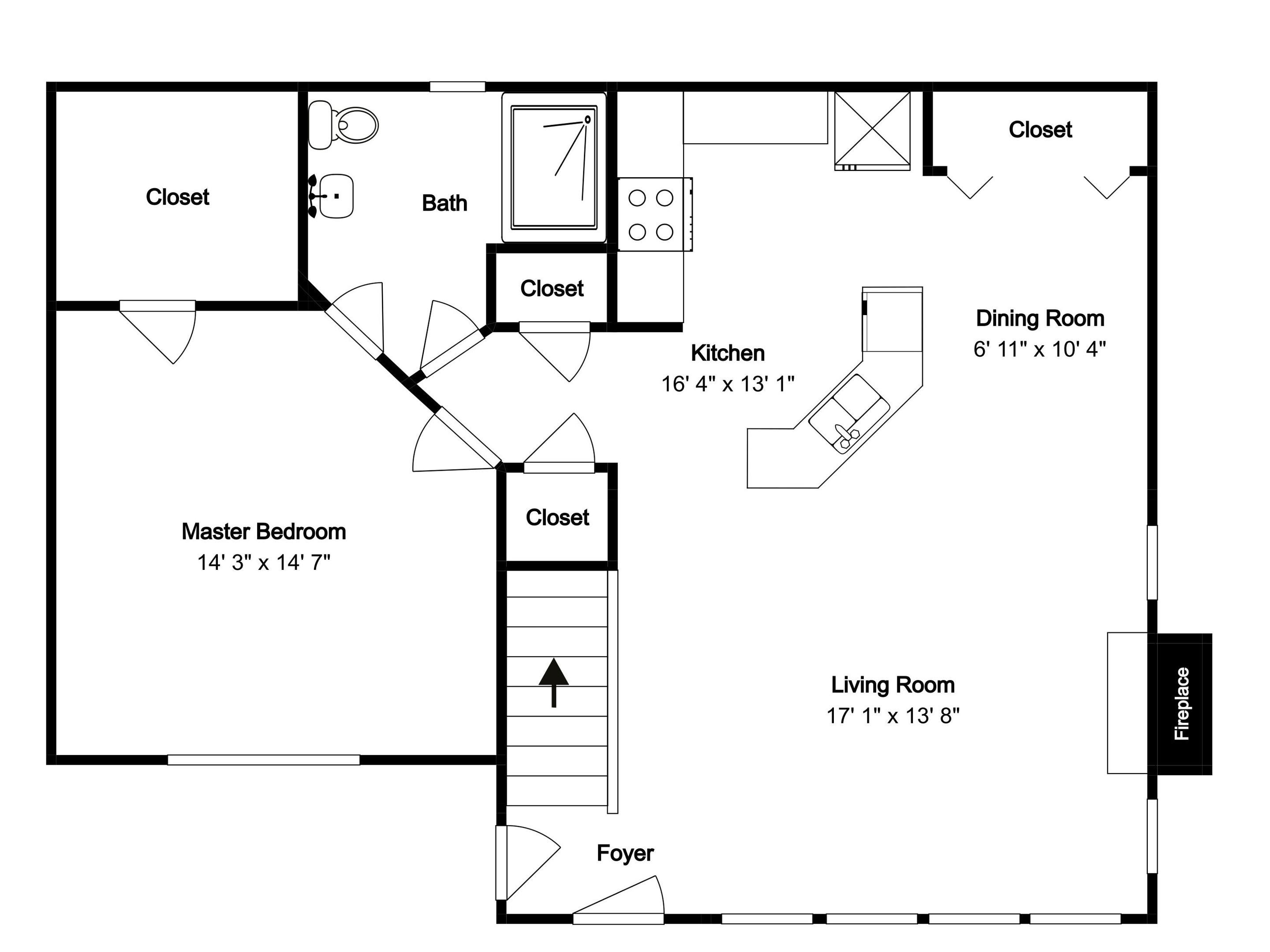 Un plan d’étage comprenant une chambre principale, un dressing, une cuisine, une salle à manger, un salon, un hall d’entrée et une salle de bain.