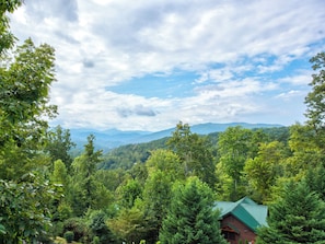 A cabin surrounded by dense forest with a mountain range in the background.