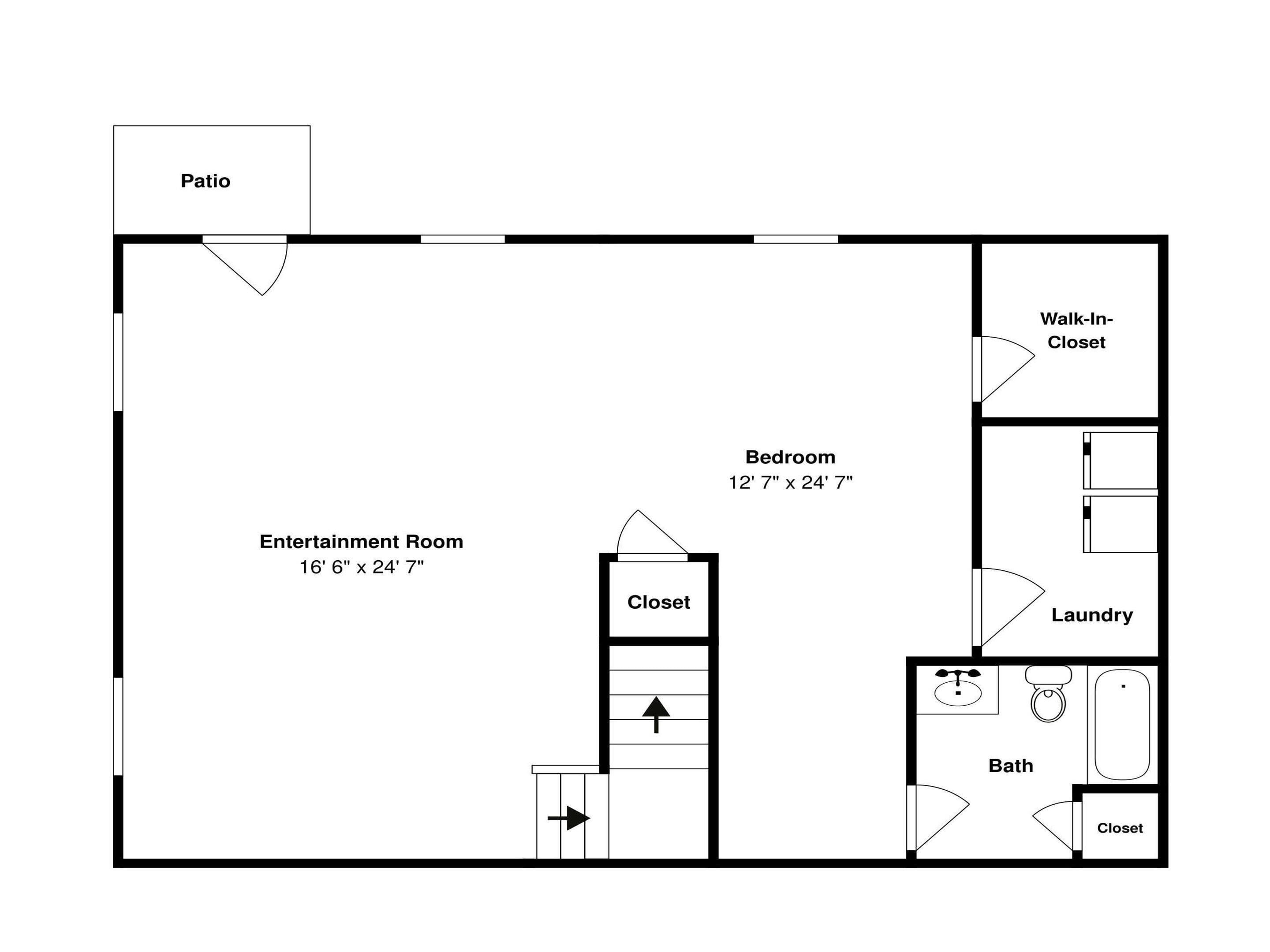 A floor plan with a patio, entertainment room, bedroom, walk-in closet, laundry, and bathroom.