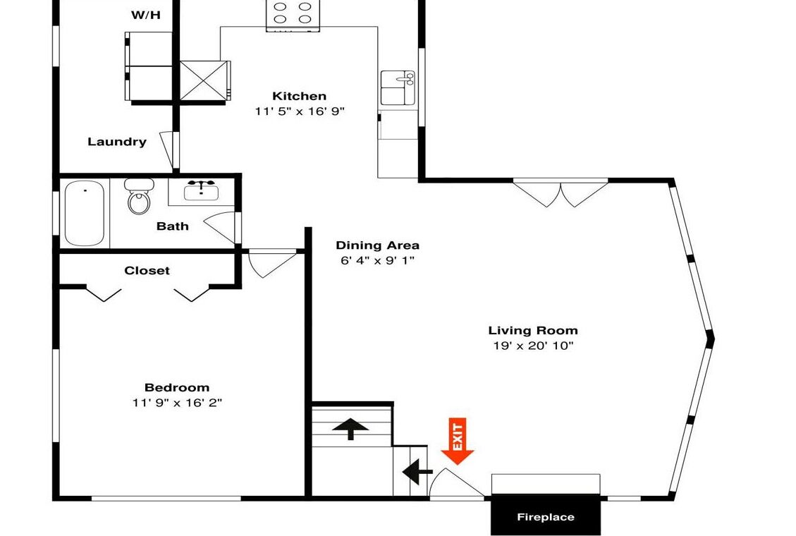 A floor plan of a hotel room with a kitchen, dining area, bathroom, bedroom, and fireplace.