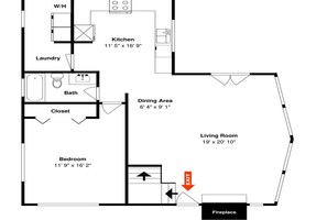 Grundriss eines Hotelzimmers mit Küche, Essbereich, Badezimmer, Schlafzimmer und Kamin.