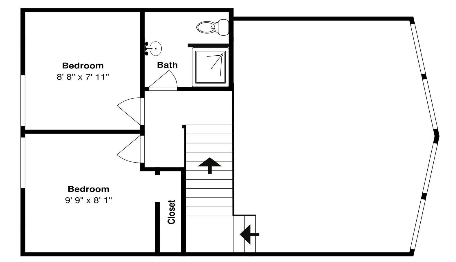 A floor plan with two bedrooms, a bathroom, and a closet. The first bedroom is 8' 8" x 7' 11", and the second is 9' 9" x 8' 1".