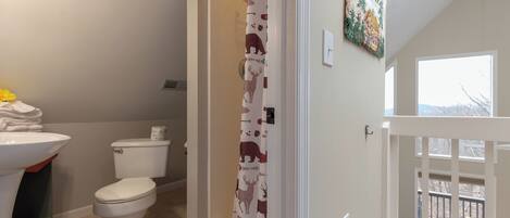 A bathroom with a toilet, sink, and shower curtain.