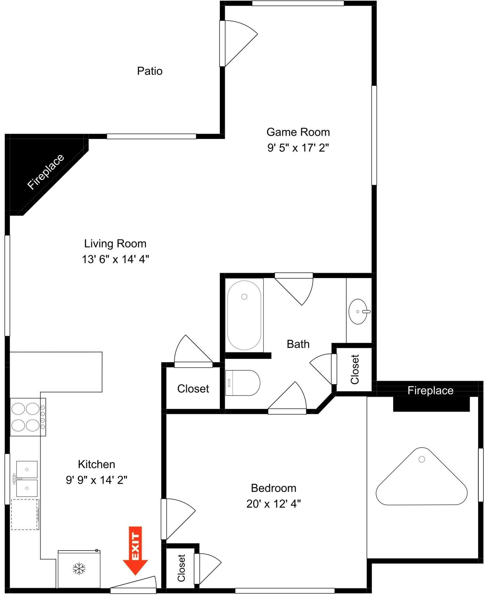 A floor plan with a living room, kitchen, bedroom, bathroom, and a patio.