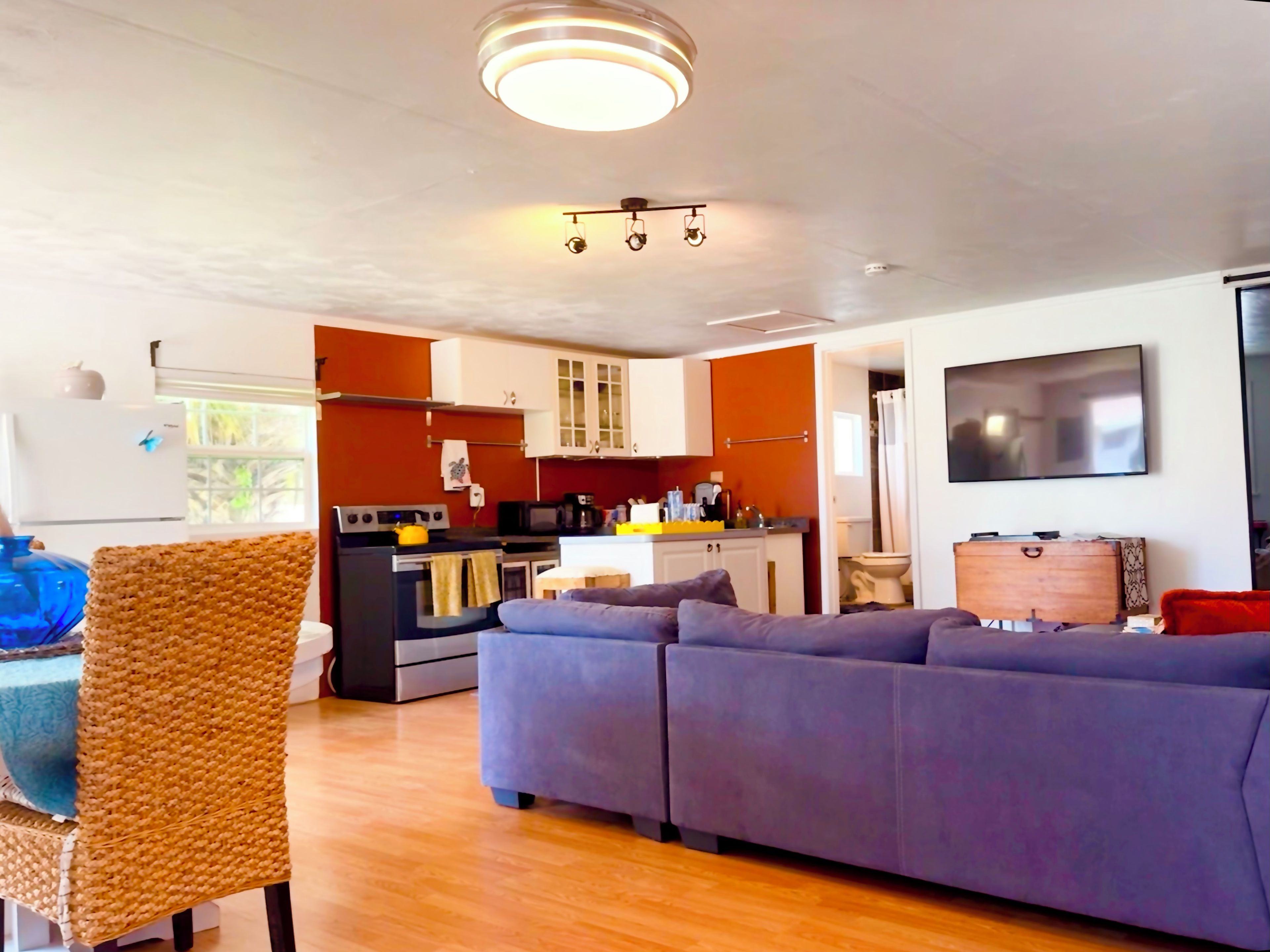 Una sala de estar con un sofá, una silla y una zona de cocina con electrodomésticos.