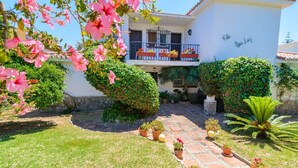 Un patio con un sendero empedrado, plantas en macetas y un edificio con balcón.