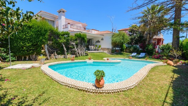 Una piscina con borde de guijarros, rodeada de césped cuidado y plantas en macetas.
