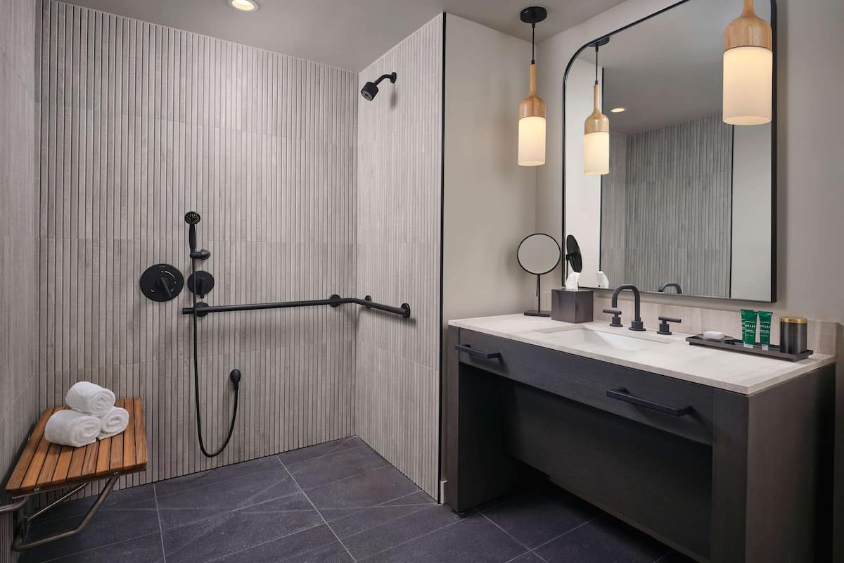 Shower, rainfall showerhead, eco-friendly toiletries, hair dryer