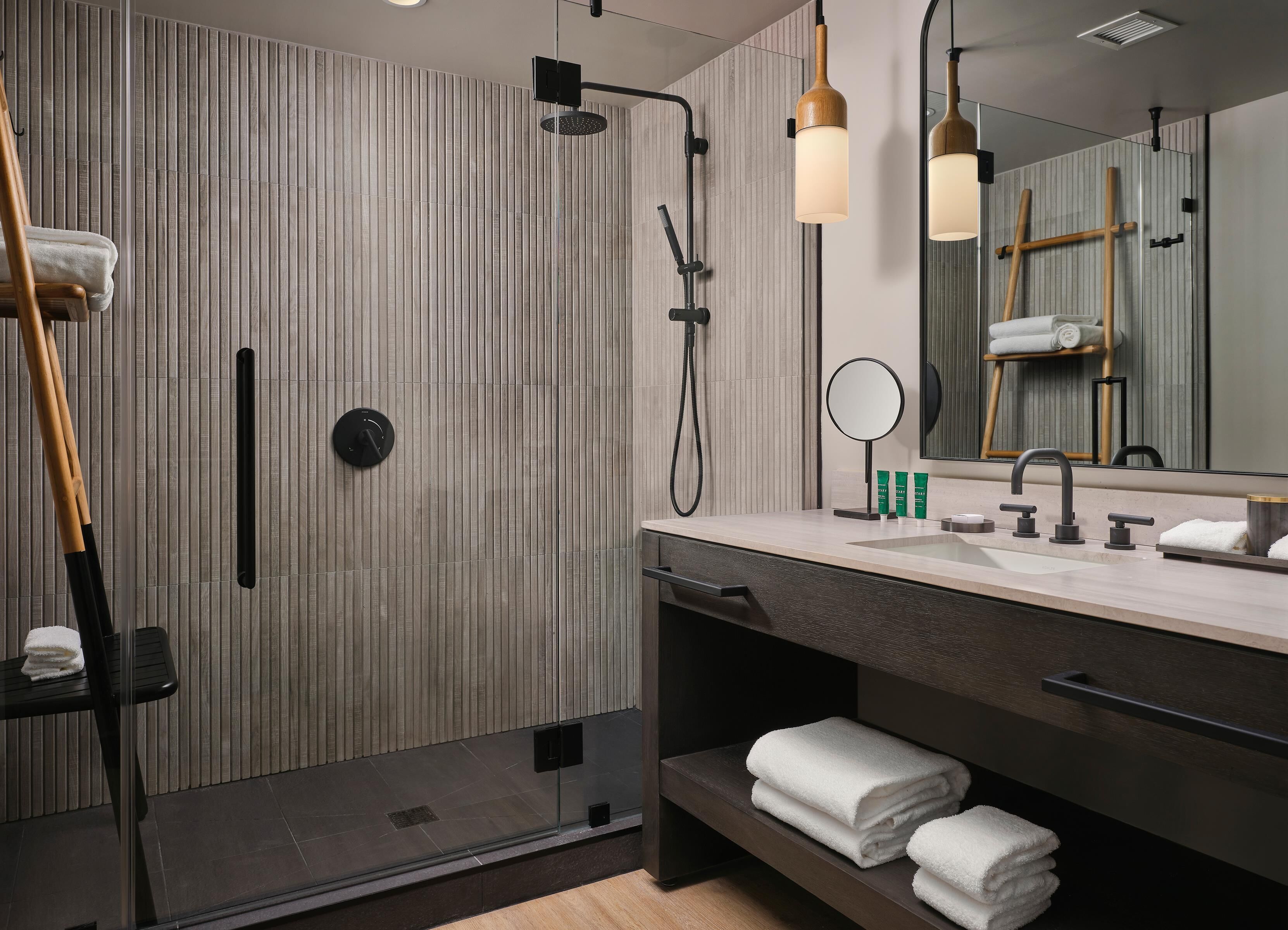 Shower, rainfall showerhead, eco-friendly toiletries, hair dryer