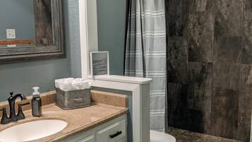 Combined shower/tub, hair dryer, towels, toilet paper