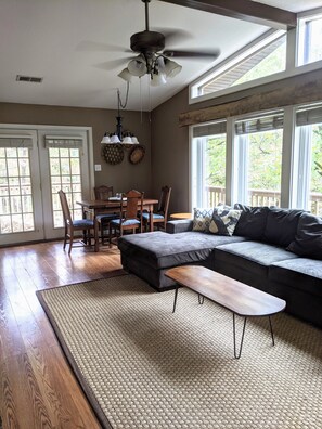 Smart TV, fireplace, books