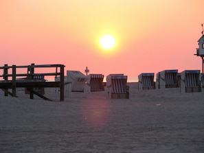 Une plage dotée de structures en bois et de panneaux numérotés, qui indiquent probablement les différentes zones de la plage ou les emplacements où il est possible de louer des équipements.