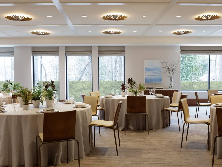 Un vaste espace dédié à la salle à manger, avec des tables rondes, des chaises et des plantes en pot.