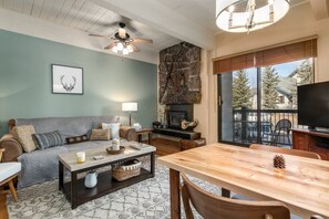 Smart TV, fireplace, books