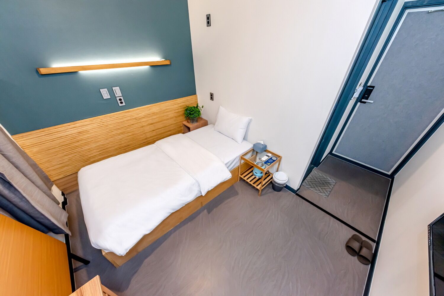 A compact hotel room with a single bed, bedside table, and a small plant.