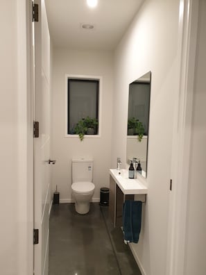 A modern bathroom with a toilet, sink, and window. - Executive family house, private with stunning rural views close to Lake Rotoura (Rotorua)