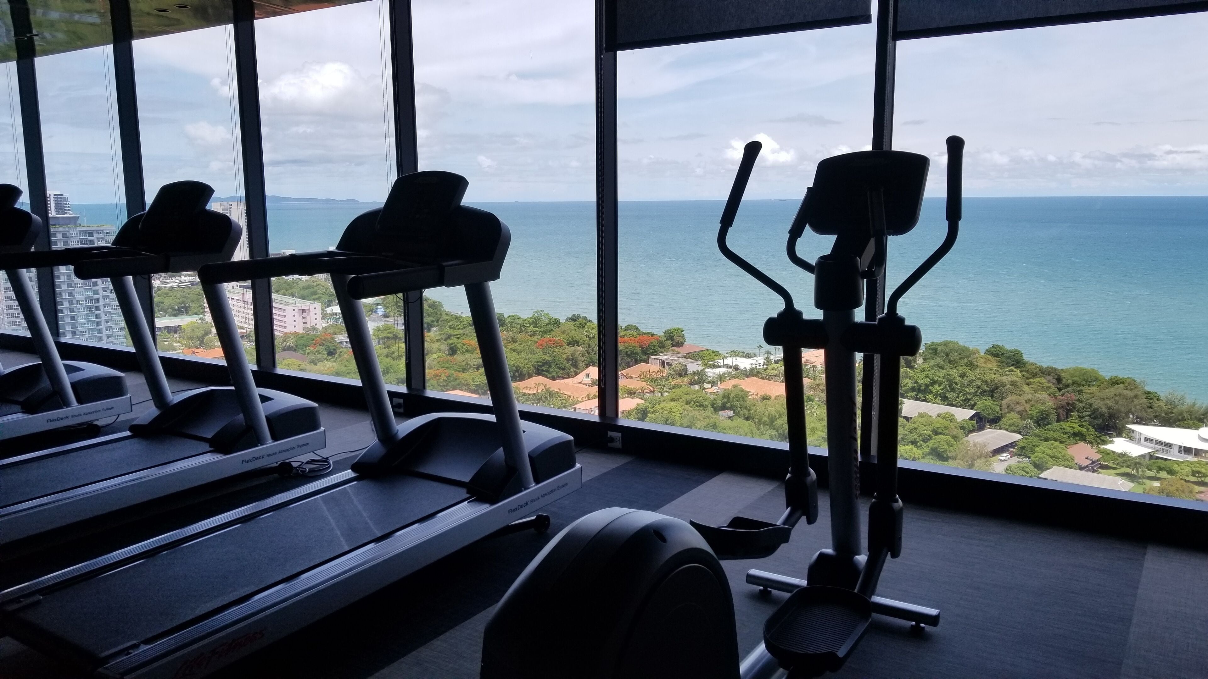 A gym with treadmills and a stationary bike, overlooking a coastal view with buildings and greenery.