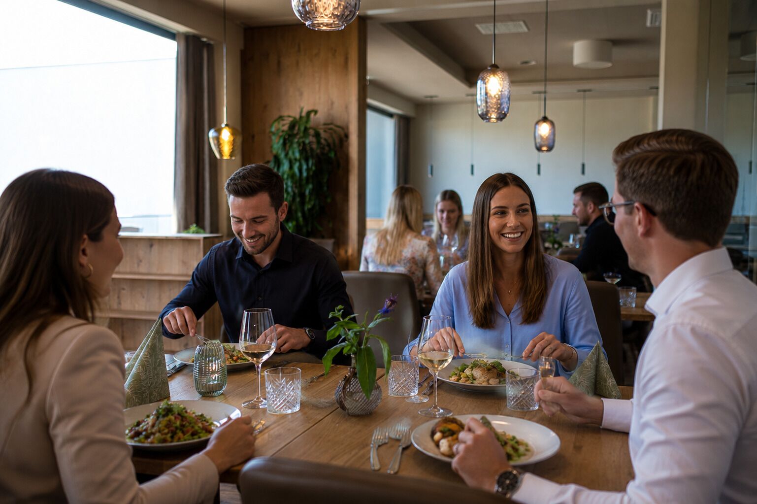 A group of people dining at a restaurant with a wooden table, glassware, and hanging pendant lights.