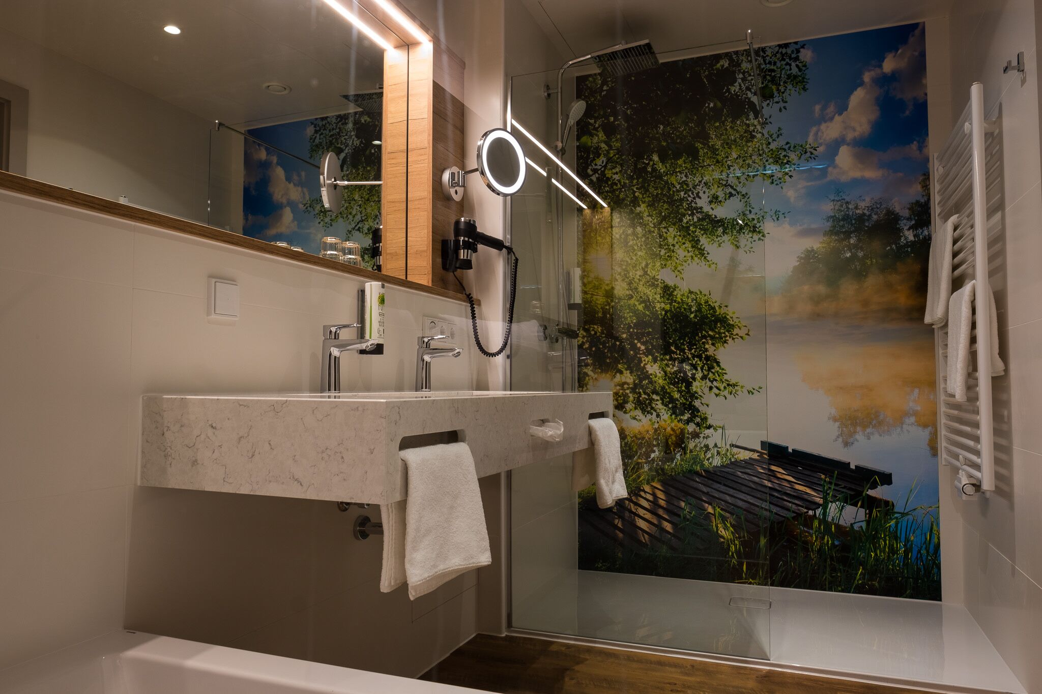 comfort double room (main building) | bathroom | hair dryer, heated floors, towels, soap