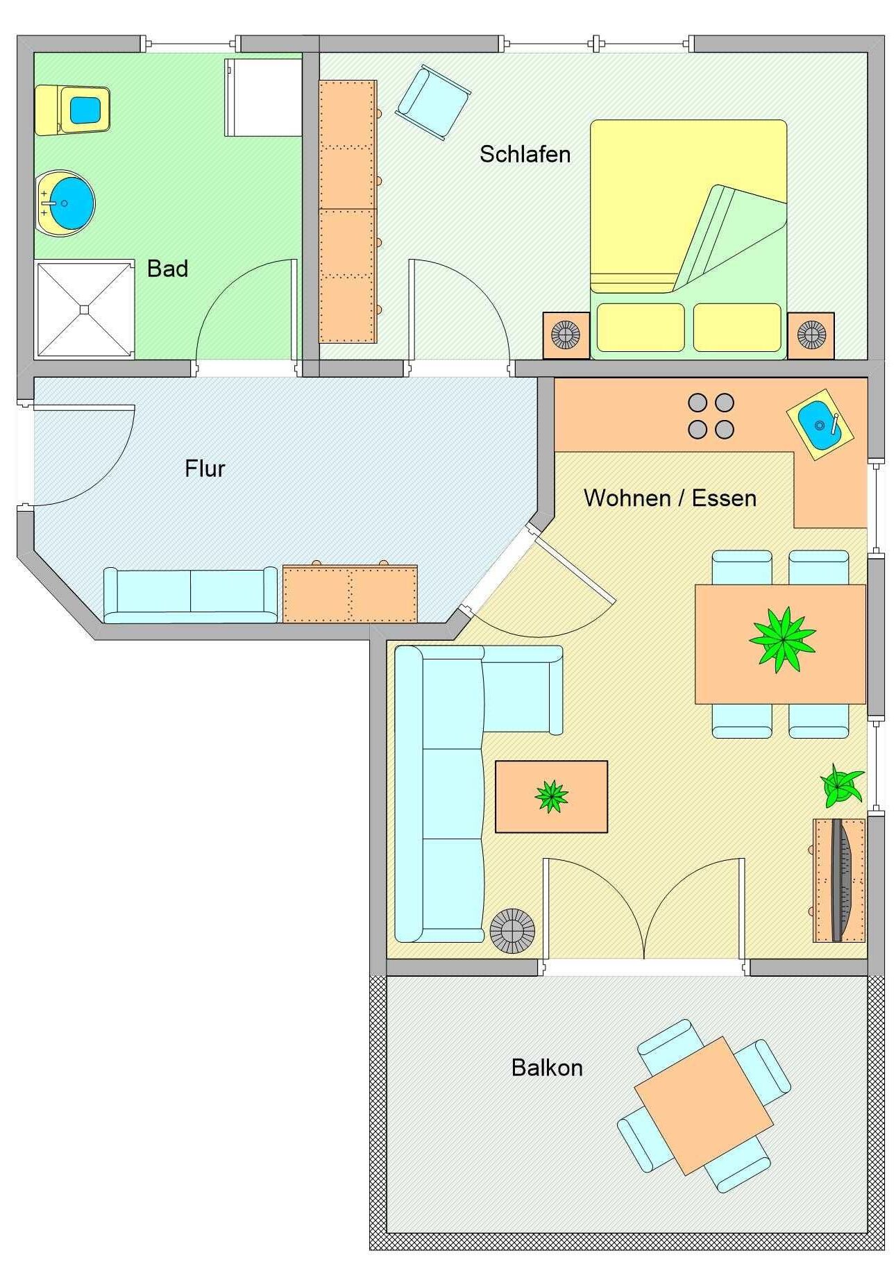 A floor plan with a bathroom, bedroom, living room, dining area, and balcony.