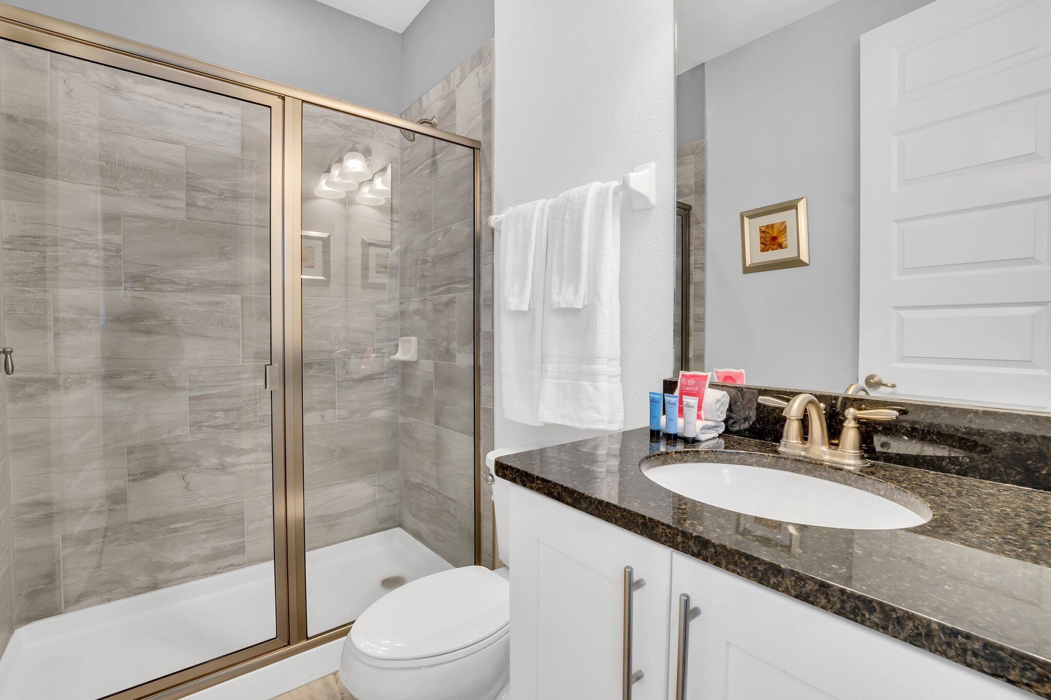 Une salle de bain moderne avec une douche à parois de verre, des toilettes blanches, un lavabo avec un plan de travail en granit et un miroir au-dessus du lavabo.