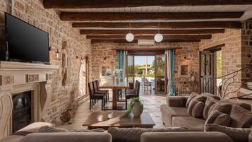 TV connectée, cheminée, livres, chaßne hi-fi