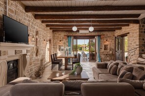 Smart TV, chimenea, libros y estéreo