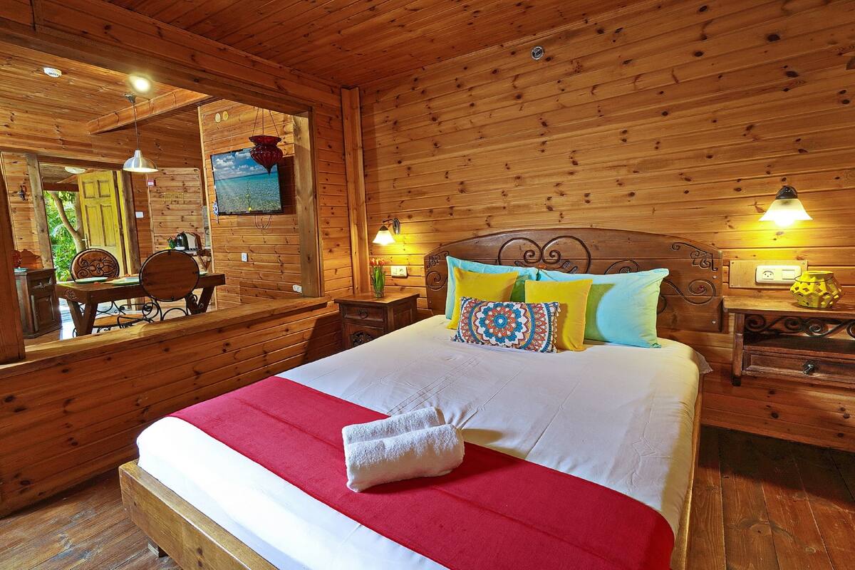 A wooden-paneled bedroom with a bed, bedside tables, a mirror, and a view of the outdoors.