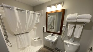 A modern bathroom with a shower, sink, toilet, and a mirror.