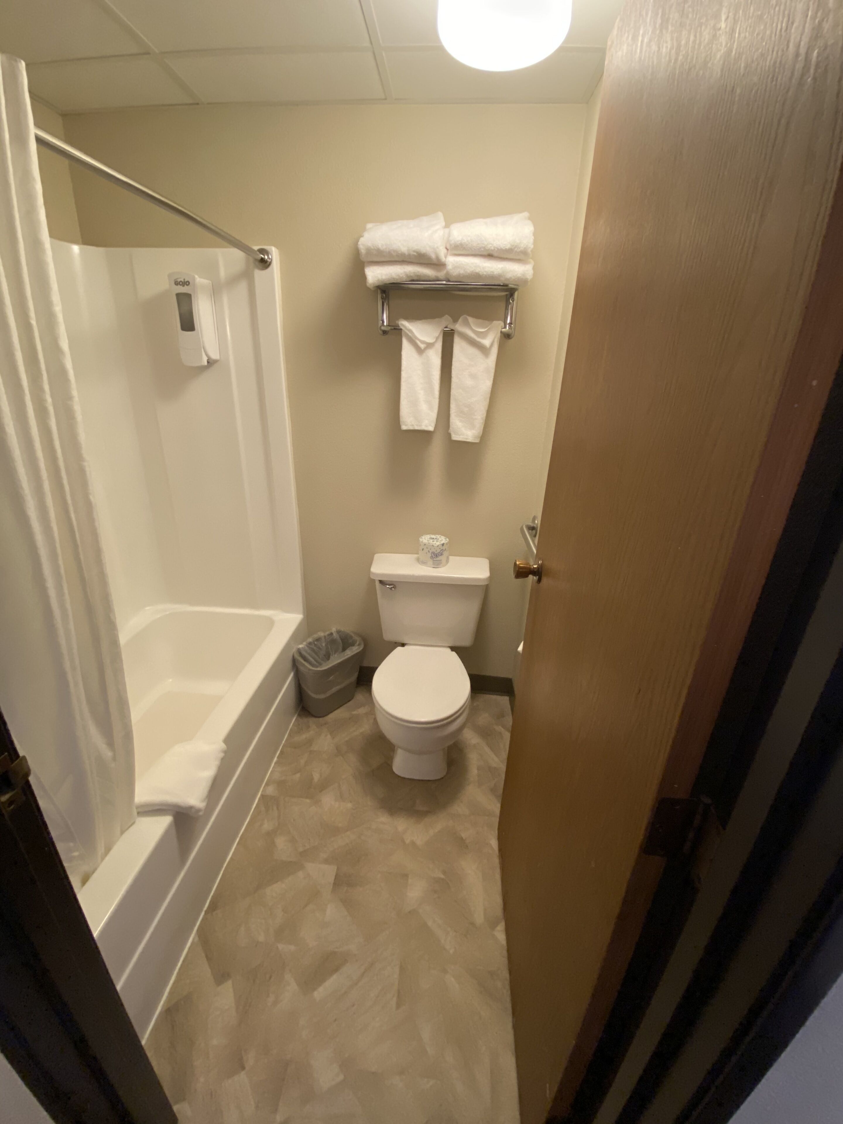 combined shower/bathtub, hair dryer, towels, soap