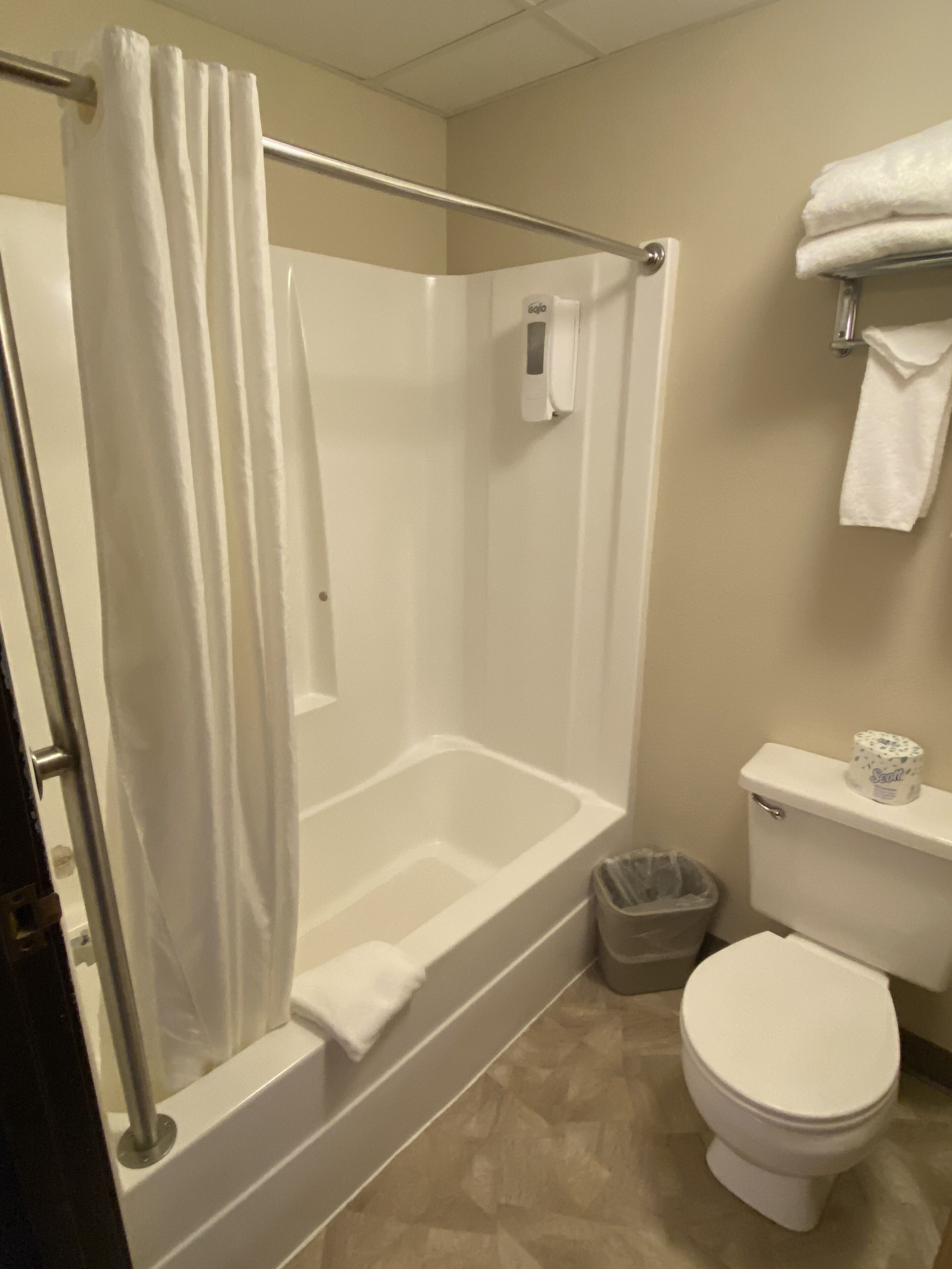combined shower/bathtub, hair dryer, towels, soap