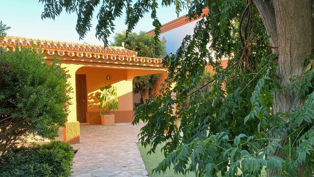 Un sendero de piedra que conduce a un edificio con techo de tejas y una puerta.