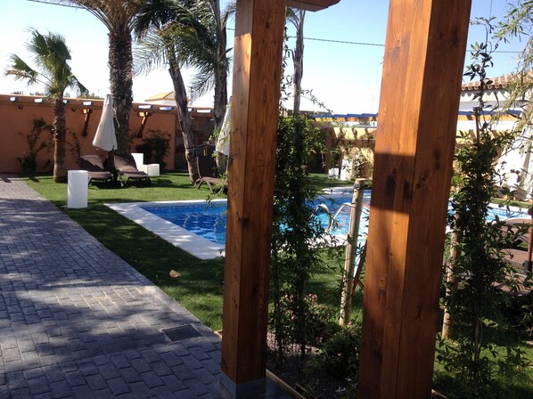 Un área de piscina con solárium, sillas de descanso y palmeras.