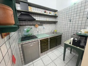 Een magnetron, een oven, een kookplaat, een vaatwasser