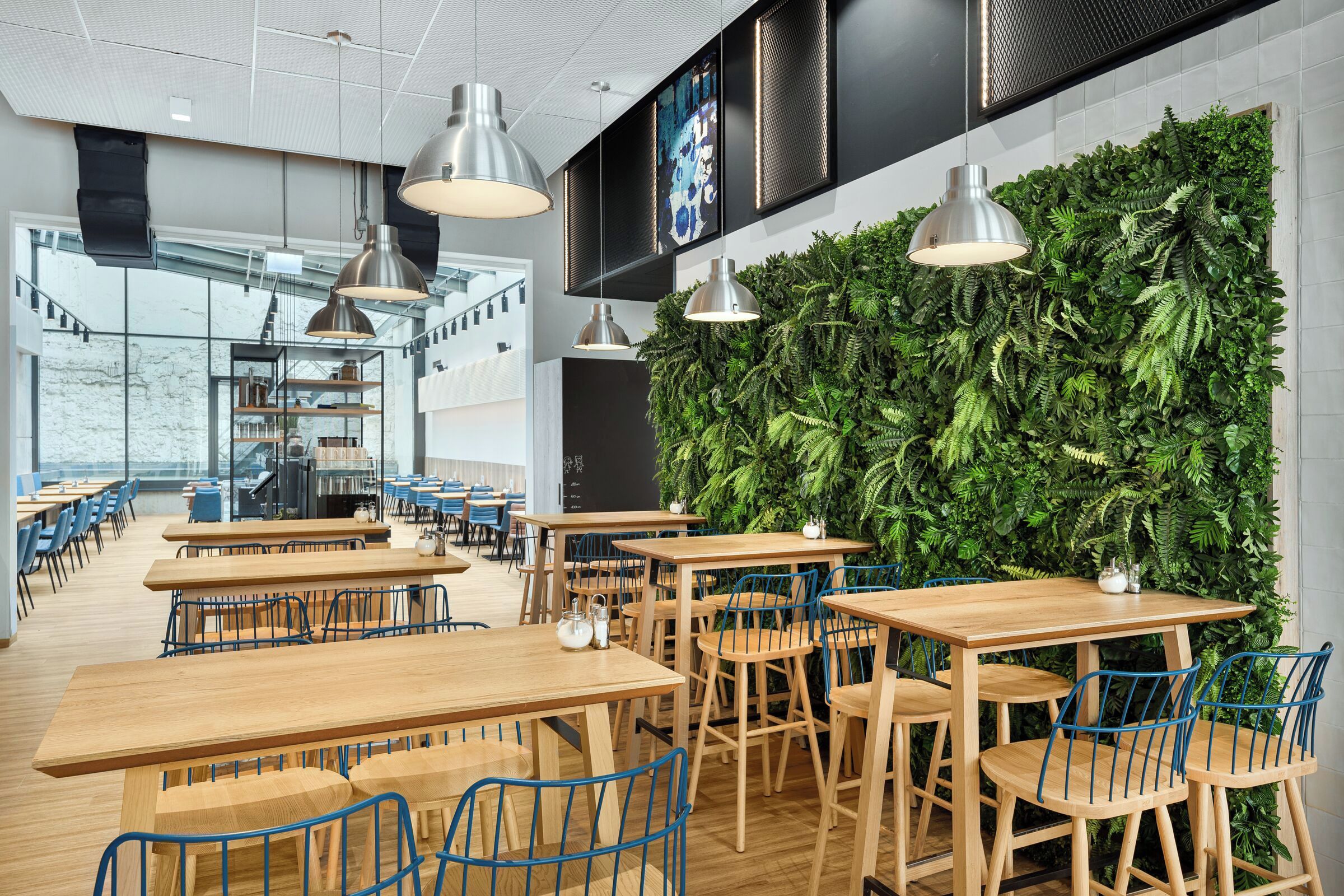 Un café moderno con mesas de madera y sillas azules, una pared cubierta de plantas verdes y lámparas colgantes.