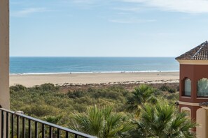 A coastal view with a beach, a building with a tiled roof, and palm trees. - Playa Grande - Punta del Moral Beach PPHG150P104 (Punta del Moral)