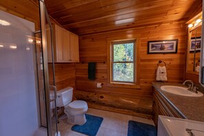 Combined shower/tub, towels, soap, toilet paper