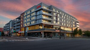 A multi-story hotel with a modern design, featuring a prominent 'Hampton Inn' sign, a 'Buffalo Wild Wings' restaurant, and a 'Premier Dental' clinic.