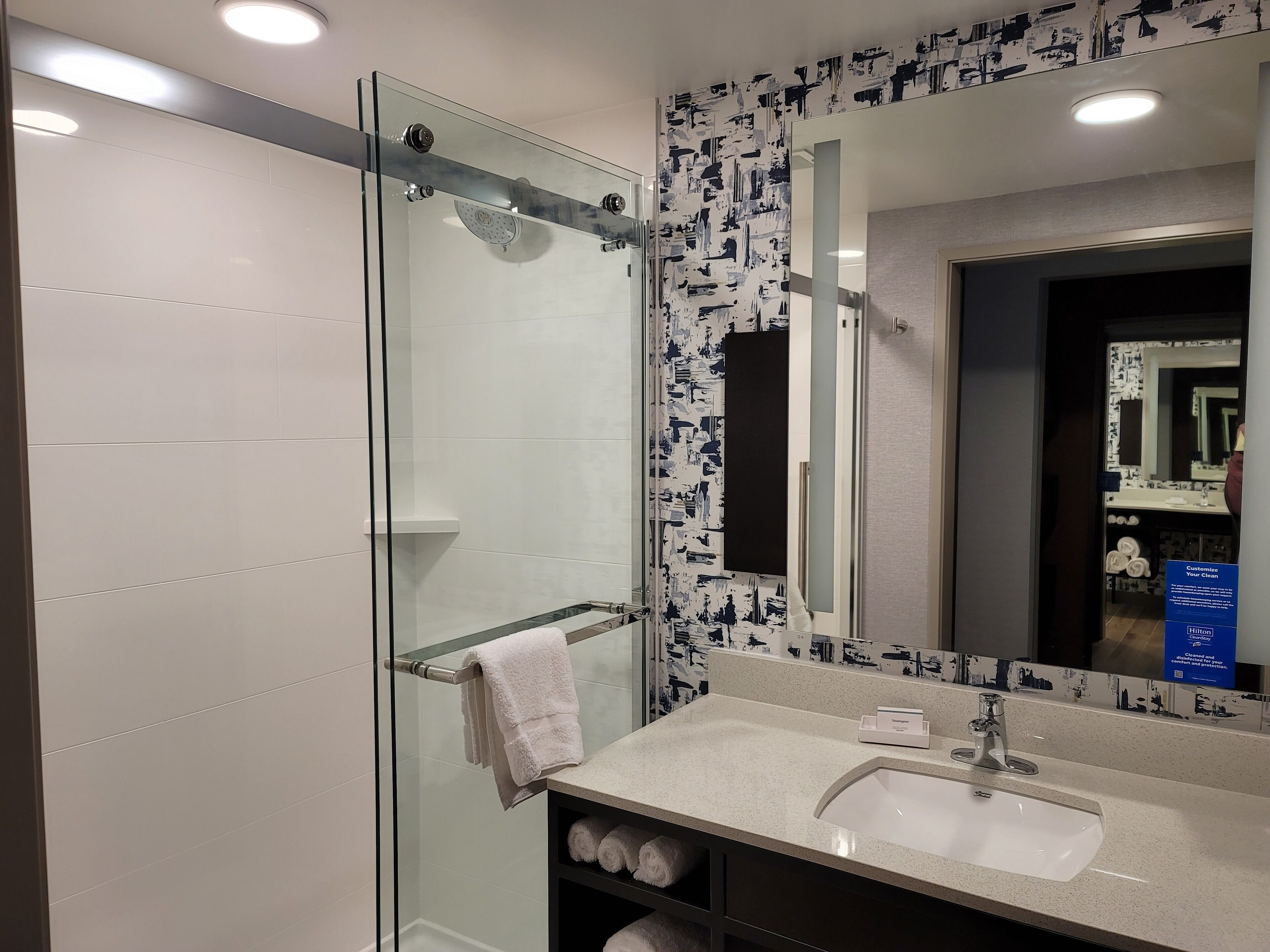 A modern bathroom with a glass shower enclosure, a white sink, and a large mirror.